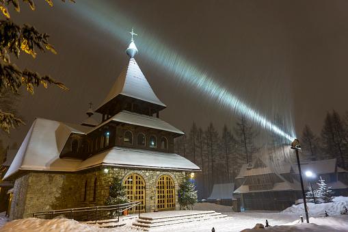 A beautiful church by night in a winter scenery. Bystre. Zakopane.