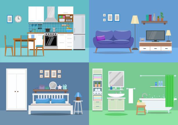 stockillustraties, clipart, cartoons en iconen met huis interieur, keuken, woonkamer, slaapkamer, badkamer. vlakke stijl, vector illustratie ontwerpsjabloon - binnenopname