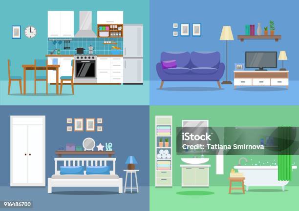 House Interior Kitchen Living Room Bedroom Bathroom Flat Style Vector Illustration Design Template Stock Illustration - Download Image Now