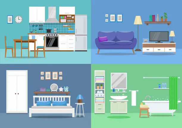 Vector illustration of House interior, kitchen, living room, bedroom, bathroom. Flat style, vector illustration design template