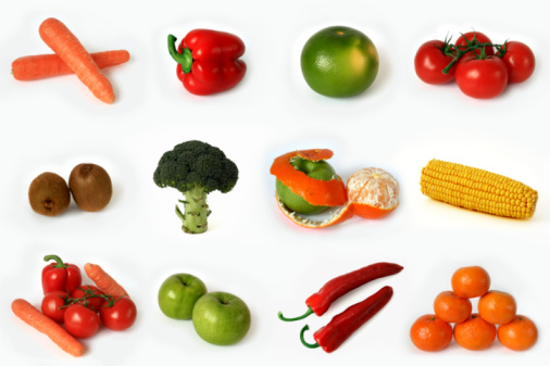 Isolated fruits and vegetables on a white background. XXL image can be cropped to get individual objects in perfect quality.