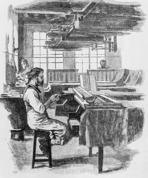 ilustrações de stock, clip art, desenhos animados e ícones de men working in a piano workshop - adding keyboard - manufaturing