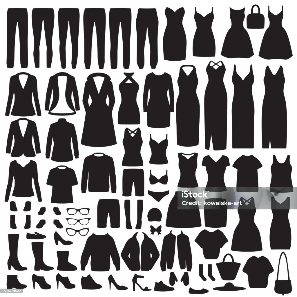 donna abbigliamento moda silhouette, vestito, camicia, scarpe, jeans, collezione giacca - arte vettoriale royalty-free di Icona
