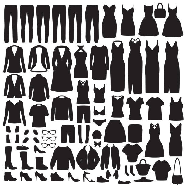 women fashion clothes silhouette, dress, shirt, shoes, jeans, jacket collection vector illustration of set women fashion clothes silhouette, dress, shirt, shoes, jeans, jacket collection white shirt black skirt stock illustrations