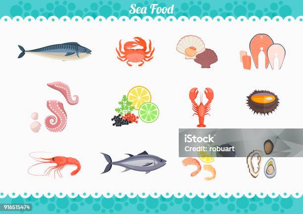Seafood Set Design Flat Fish And Crab Stock Illustration - Download Image Now - Animal, Collection, Crab