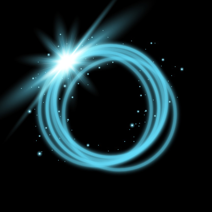 Light ring with tracing effect. Glitter sparkle swirl trail on black background, light effect, aqua color