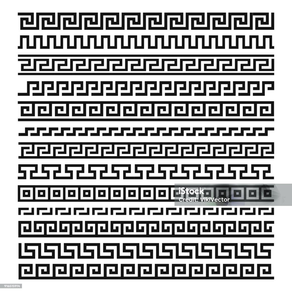 Greek ornament set Greek ornament set. Decorative hand drawn boarder in ancient greek design, vintage ornament. Vector flat style cartoon illustration isolated on white background Pattern stock vector