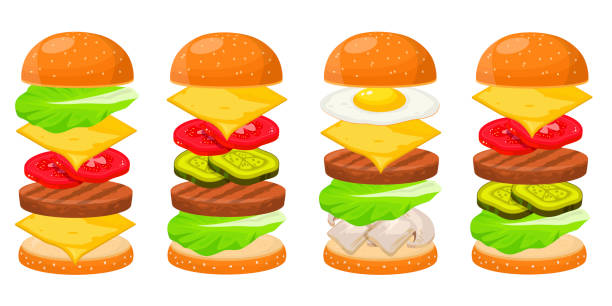 ilustraciones, imágenes clip art, dibujos animados e iconos de stock de cuatro juegos de hamburguesa ingredientes - food elegance cutlet restaurant