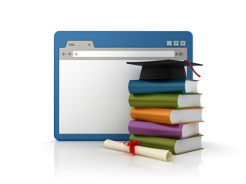 Web Browser with Books and Graduation Cap - White Background - 3D Rendering