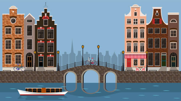 illustrazioni stock, clip art, cartoni animati e icone di tendenza di le case tradizionali di amsterdam si vistano con ponte, canale e barca, centro storico della città. illustrazione vettoriale, modello di design piatto - amsterdam