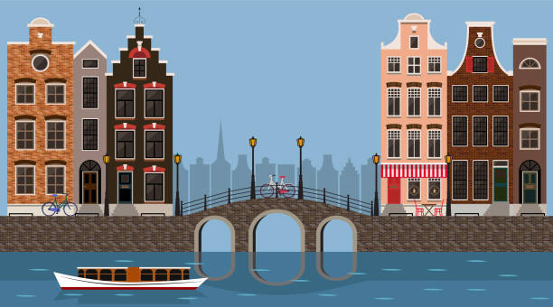amsterdam geleneksel köprü, kanal ve tekne, eski şehir merkezi manzaralı evler. vektör çizim, düz tasarım şablonu - amsterdam stock illustrations