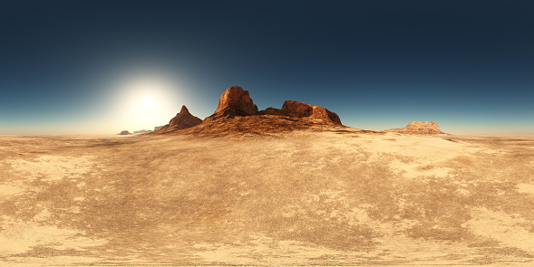Computer generated 3D illustration with a spherical 360 degrees seamless panorama of a desert landscape with mountains