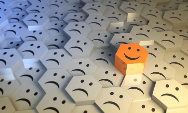 Smiling Hexagon in the middle of grey crowd. Hexagonal Abstract Background. ( 3d render )