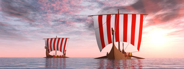 istock Viking ships at sunrise 916534482