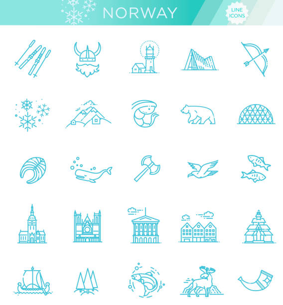 City sights vector icons. Norway landmark. Flat travel elements. Alesund, Bergen and Oslo or Norwegian tourist famous culture attraction vector icons bergen stock illustrations