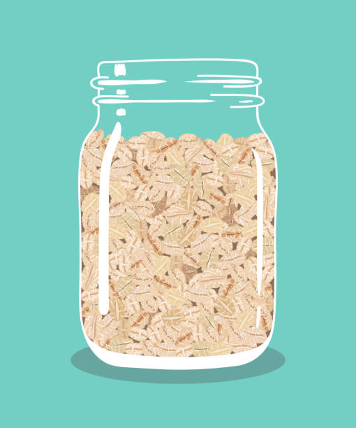 ilustrações de stock, clip art, desenhos animados e ícones de oat flakes in glass mason jar. vector hand drawn illustration. - flakes