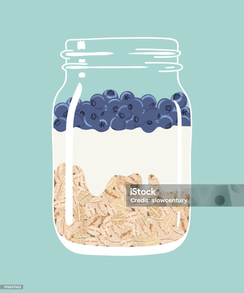 Overnight oats with blueberries and yogurt in glass mason jar. Vector hand drawn illustration. Overnight oats with fresh blueberries and yogurt in glass vintage mason jar. Healthy natural delicious breakfast. Portion of oat flakes with berries in a jar. Vector hand drawn illustration. Oats - Food stock vector