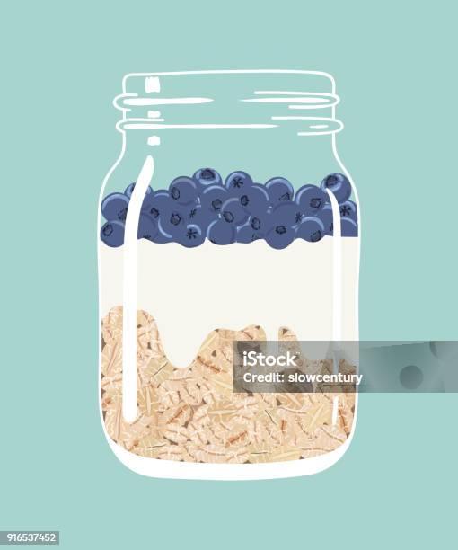 Overnight Oats With Blueberries And Yogurt In Glass Mason Jar Vector Hand Drawn Illustration Stock Illustration - Download Image Now