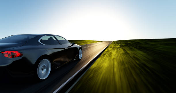 car driving on a sunset road view from side of fast moving car, motion blur,  3D, car of my own design. sports car photos stock pictures, royalty-free photos & images
