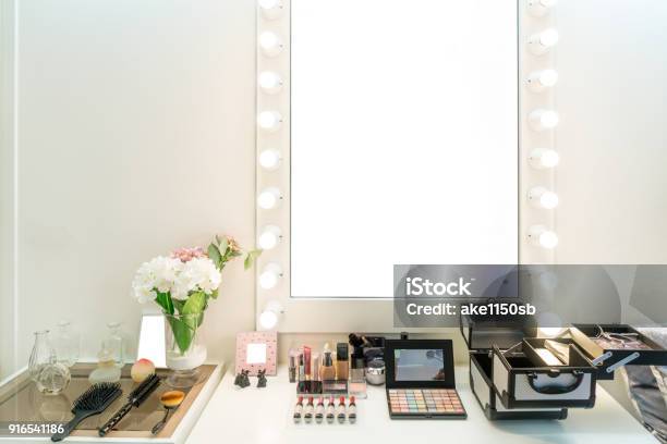 Modern Closet Room With Makeup Vanity Table Mirror And Cosmetics Product In Flat Style House Stock Photo - Download Image Now
