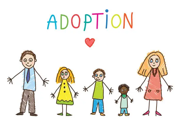 Vector illustration of Kids Drawing. Adoptive family