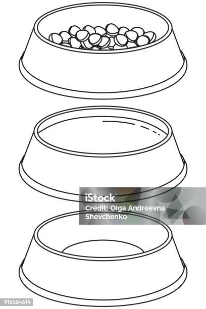 Black And White Pet Food Empty And Full Bowl Set Stock Illustration - Download Image Now - Animal, Art, Black Color