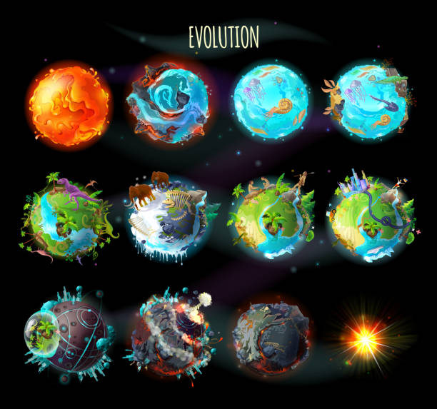 Evolution of Earth, vector concept illustration Stages of the origin of life on Earth, evolution, climate changes, technology progress, cataclysms, planetary explosion, death of planet, vector concept illustration. Timeline, infographic elements earth atmosphere stock illustrations