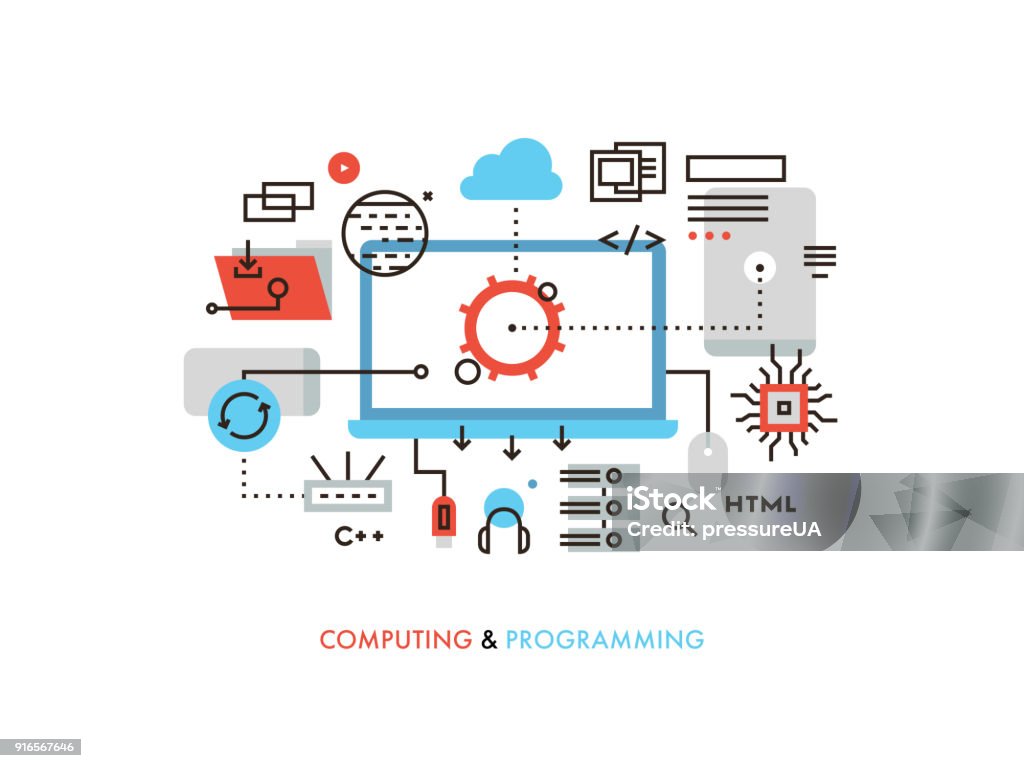 Computer Program Technology Drawings Computing And Programming Flat Line Illustration Stock Illustration ...