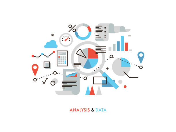 ilustraciones, imágenes clip art, dibujos animados e iconos de stock de ilustración de línea plana de análisis de datos - scrutiny analyzing finance data