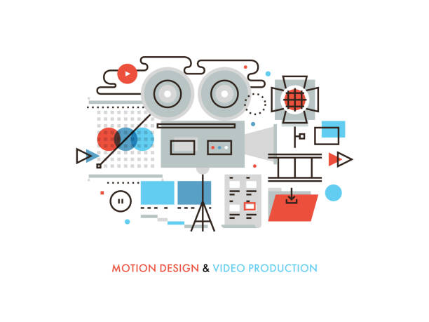 Video production flat line illustration Thin line flat design of commercial video production studio, motion graphic and audio correction elements, lights and camera action. Modern vector illustration concept, isolated on white background. movie sound clips stock illustrations