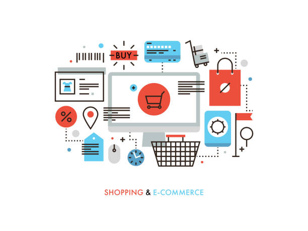 Shopping and e-commerce flat line illustration Thin line flat design of e-commerce website, purchasing goods via internet, online shopping cart with products, solution for customer. Modern vector illustration concept, isolated on white background. selling illustrations stock illustrations