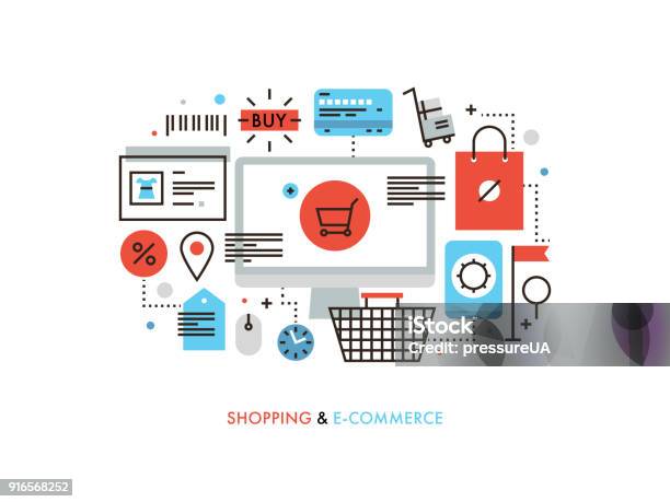 Shopping And Ecommerce Flat Line Illustration Stock Illustration - Download Image Now - E-commerce, Internet, Online Shopping