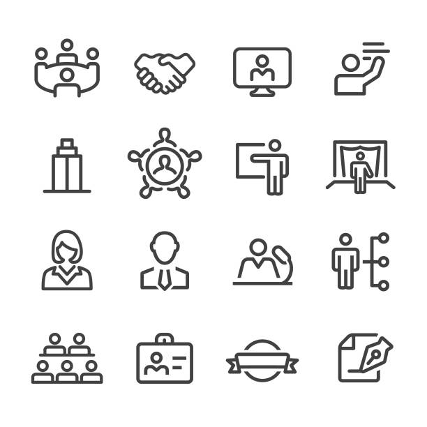 ilustrações de stock, clip art, desenhos animados e ícones de business convention icons - line series - business computer icon symbol icon set