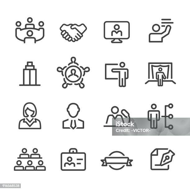 Business Convention Icons Line Series Stock Illustration - Download Image Now - Icon Symbol, Public Speaker, Name Tag