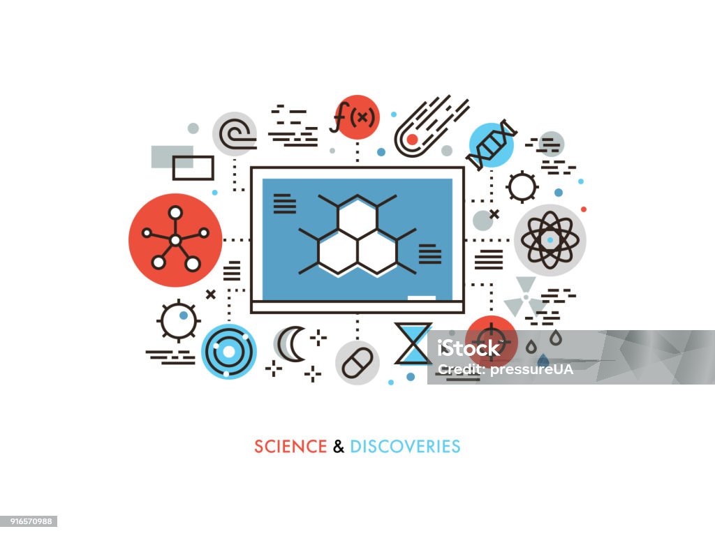 STEM education flat line illustration Thin line flat design of STEM academic disciplines, science education and knowledge about life evolution, chemistry research discovery. Modern vector illustration concept, isolated on white background. STEM - Topic stock vector