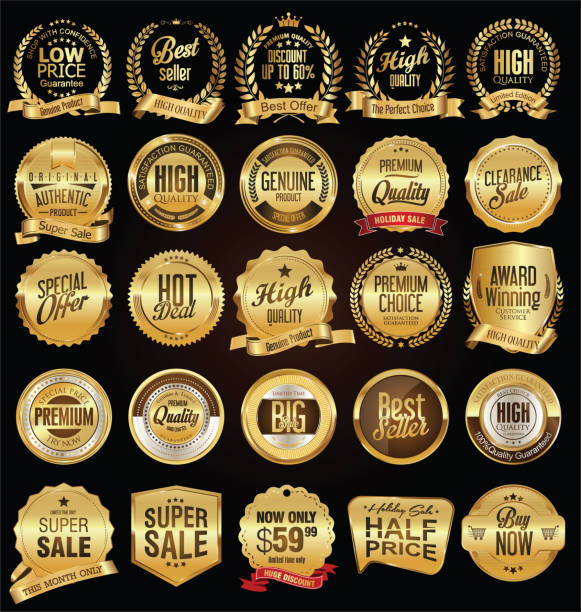 ilustrações de stock, clip art, desenhos animados e ícones de retro labels and badges golden vector collection - gold medal medal gold medallion