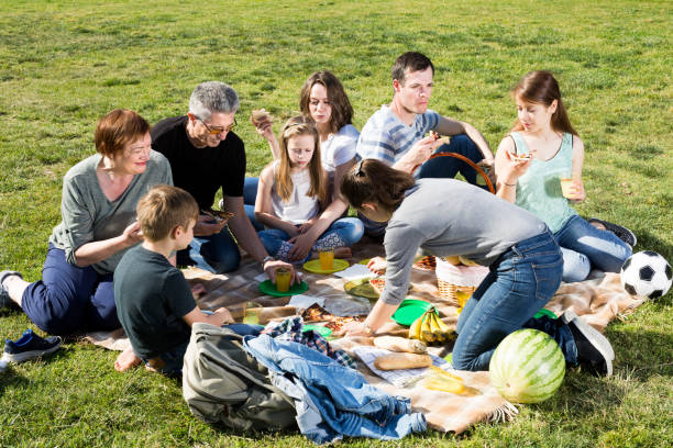 istock Smiling people sitting on picnic together 916575702
