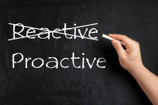 Being Proactive not Reactive crossed blackboard chalkboard Being Proactive not Reactive crossed on blackboard or chalkboard initiative photos stock pictures, royalty-free photos & images