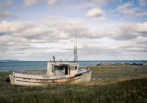 An abandoned boat in grass