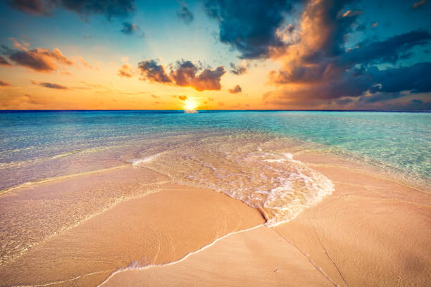 istock Tropical beach with white sand and clear turquoise ocean. Maldives 916582426