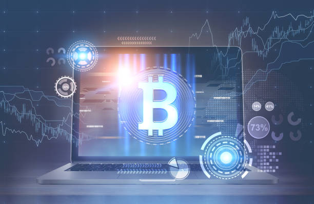 istock Laptop bitcoin symbol and graph, HUD 916591260