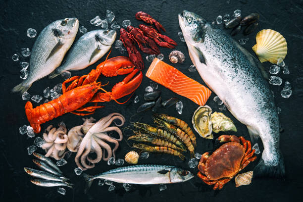 disposizione di pesce fresco e frutti di mare su pietra nera - frutti di mare foto e immagini stock