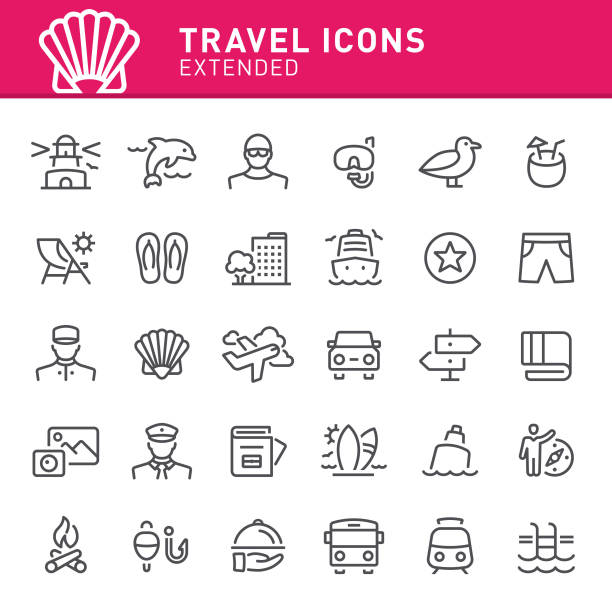 illustrazioni stock, clip art, cartoni animati e icone di tendenza di icone di viaggio - travel tourism symbol ship