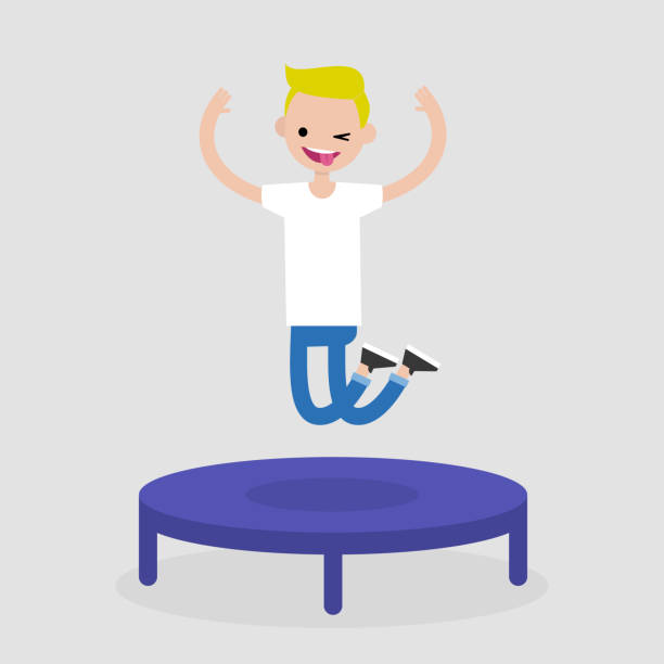 Young cheerful character jumping on the trampoline. Active leisure. Flat editable vector illustration, clip art Young cheerful character jumping on the trampoline. Active leisure. Flat editable vector illustration, clip art clip art of dumb blonde stock illustrations