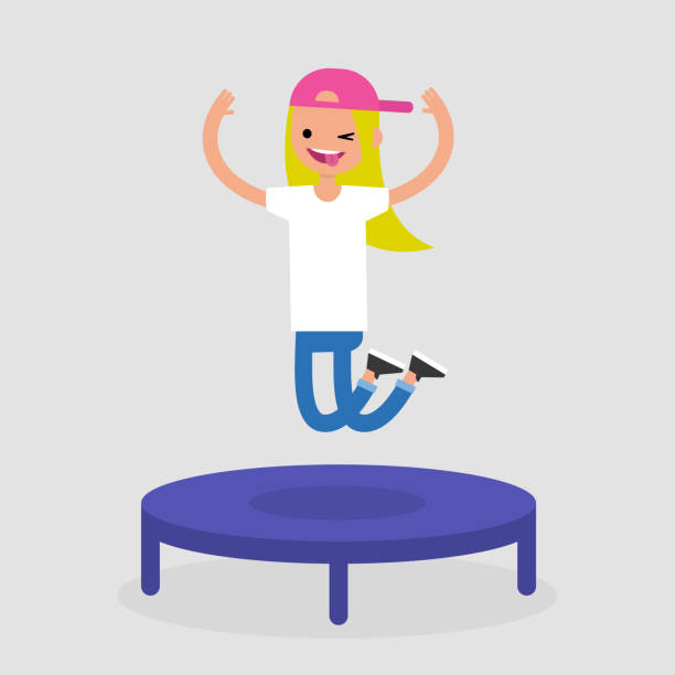 Young female cheerful character jumping on the trampoline. Active leisure. Flat editable vector illustration, clip art Young female cheerful character jumping on the trampoline. Active leisure. Flat editable vector illustration, clip art clip art of dumb blonde stock illustrations