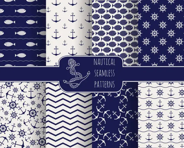 Vector illustration of Set of 8 seamless nautical patterns