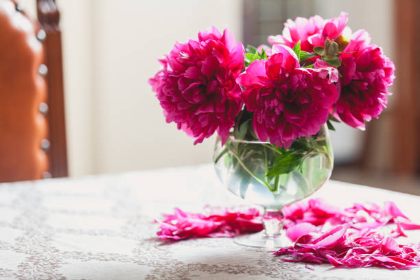 istock red peonies in glass vase stand on table 916603606