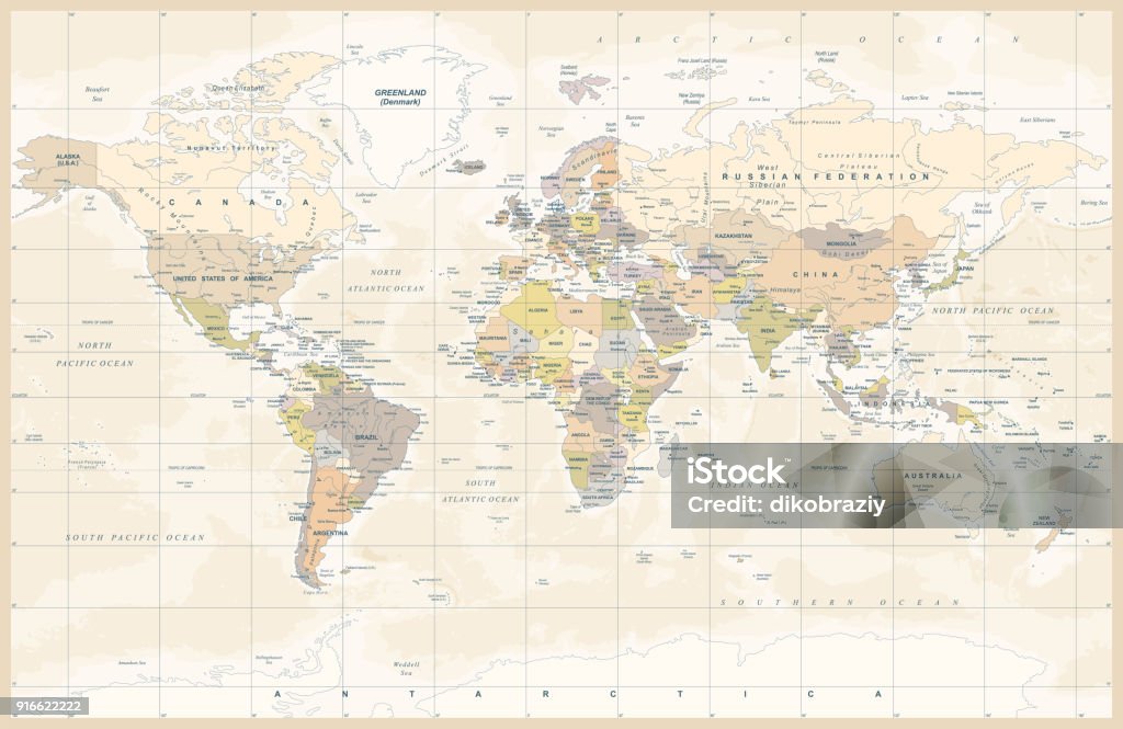 Politischen farbigen Vintage Welt Karte Vektor - Lizenzfrei Weltkarte Vektorgrafik
