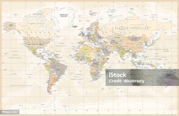 Politischen Farbigen Vintage Welt Karte Vektor Stock Vektor Art und mehr Bilder von Weltkarte - Weltkarte, Karte - Navigationsinstrument, Globus
