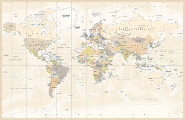 정치 색된 빈티지 세계 지도 벡터 - india map cartography continent stock illustrations